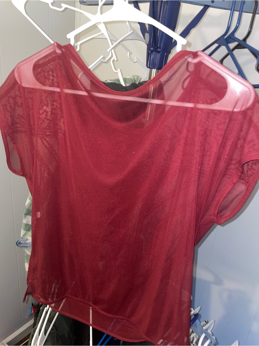 Sheer Short Sleeve Top - Burgundy
